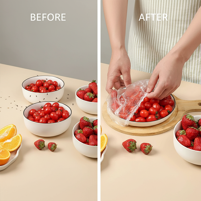 Before and after using plastic food covers to protect bowls and plates from dust in Qatar