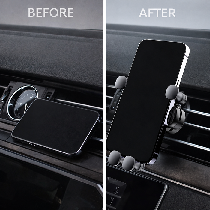 Before and after view of car mobile phone holders showing dashboard clutter vs secure mounted use in Qatar