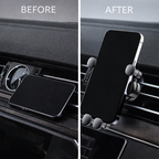 Before and after view of car mobile phone holders showing dashboard clutter vs secure mounted use in Qatar