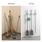 Before and after using Mop holder to organize cleaning tools on wall mounted rack in home Qatar