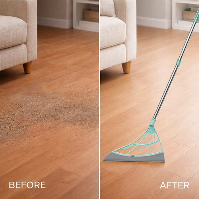Before and after using adjustable silicone broom for floor cleaning in kitchen space Qatar