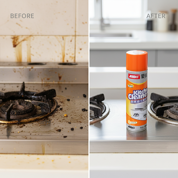 Before and after kitchen stove cleaning with grease cutter spray removing tough grease oil stains Qatar