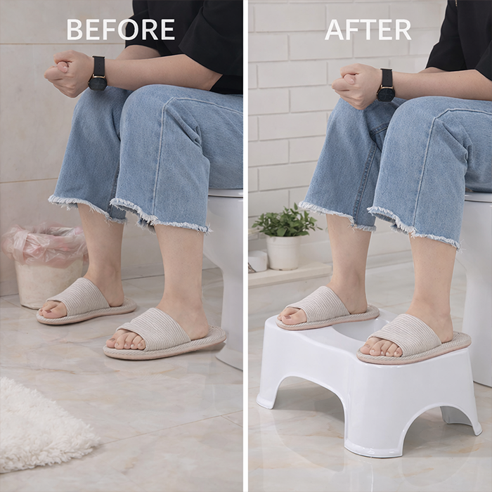 Before and after use of squat toilet stools with Western toilet for improved posture Qatar