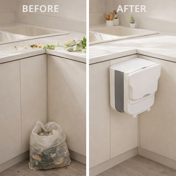Before and after use of foldable Trash Bin hanging on kitchen cabinet door in Qatar