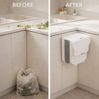 Before and after use of foldable Trash Bin hanging on kitchen cabinet door in Qatar