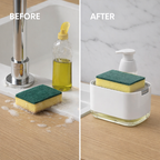 Before and after kitchen counter setup with Soap Holder and sponge dispenser for organized sink area Qatar