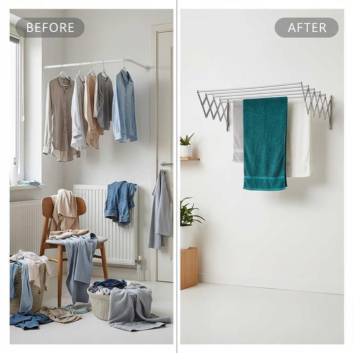 Before and after view of wall mounted clothes hanger drying rack for space saving laundry use in Qatar