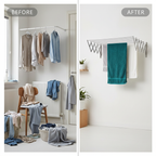 Before and after view of wall mounted clothes hanger drying rack for space saving laundry use in Qatar