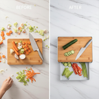 Before and after use of wood cutting board with drawer compartments for organized food prep in kitchen Qatar