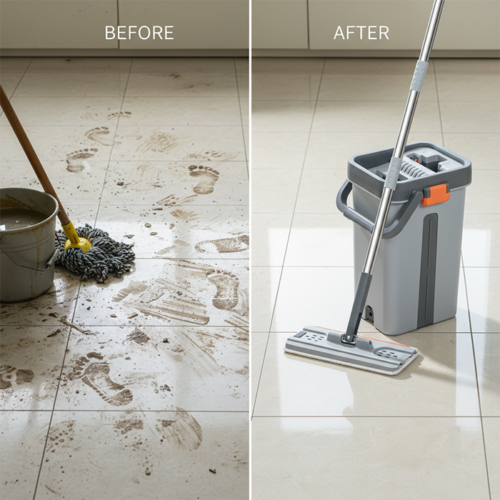 Before and after cleaning with flat mop and mop bucket showing dirty and clean tile floor in Qatar