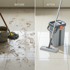 Before and after cleaning with flat mop and mop bucket showing dirty and clean tile floor in Qatar
