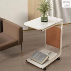 Side Table Mobile C-Shaped End Table with Wheels Portable Couch Small Table White