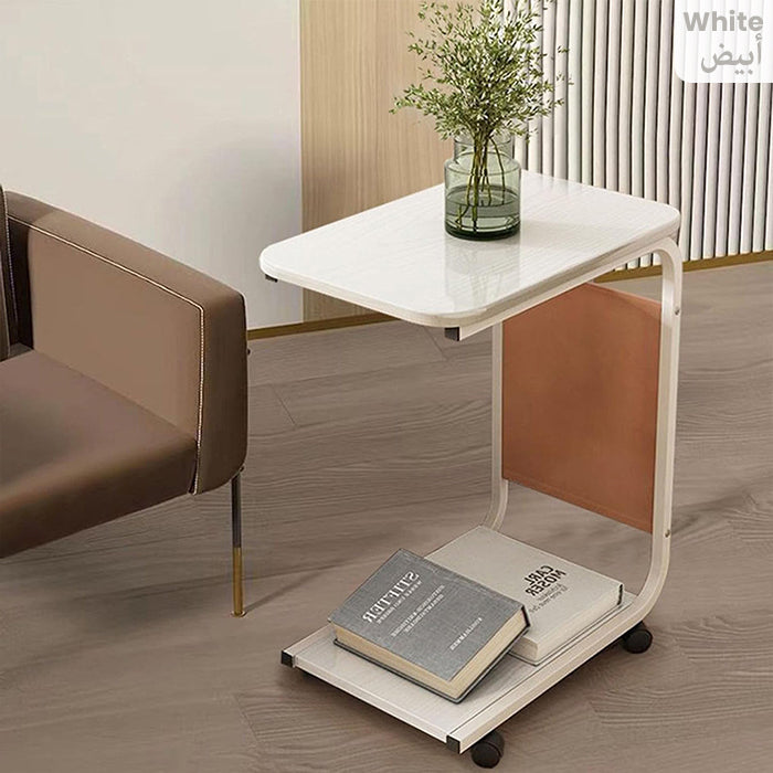 Side Table Mobile C-Shaped End Table with Wheels Portable Couch Small Table White