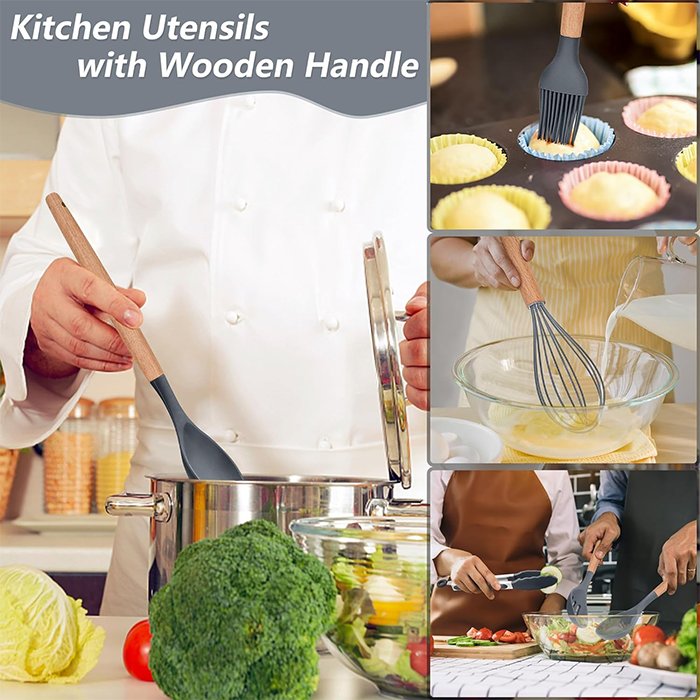 Silicone kitchen utensil set with spatulas and spoons, heat-resistant and non-stick