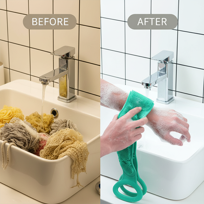 Before and after Bath and Body cleaning using silicone bath rubbing strap for improved hygiene and exfoliation Qatar