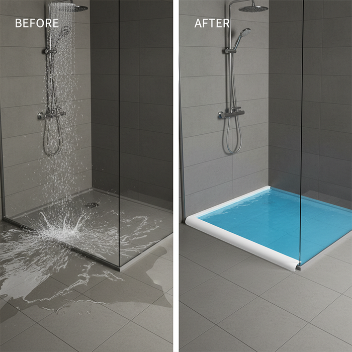 Before and after bathroom floor using silicone water stopper to prevent leakage and keep dry shower area Qatar