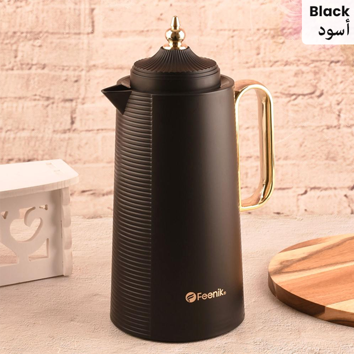 Black vacuum flask with gold handle, insulated flask for hot beverages Qatar