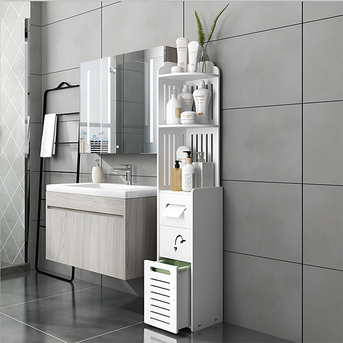 Small Bathroom Storage Corner Floor Cabinet, White Free Standing Storage Organizer Side Cabinet smart corner design
