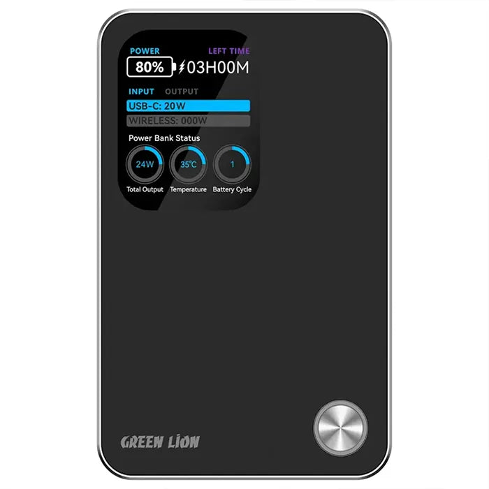 Green Lion power bank with digital display showing battery status and output details Homesouq Qatar