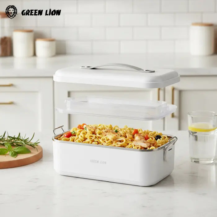 Electric lunch box with inner tray and heated meal display in kitchen Homesouq Qatar