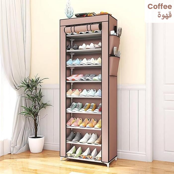 Minimalist multi-layer beige shoe rack organizer with side storage pockets and compact vertical design for home entryway Homesouq Qatar