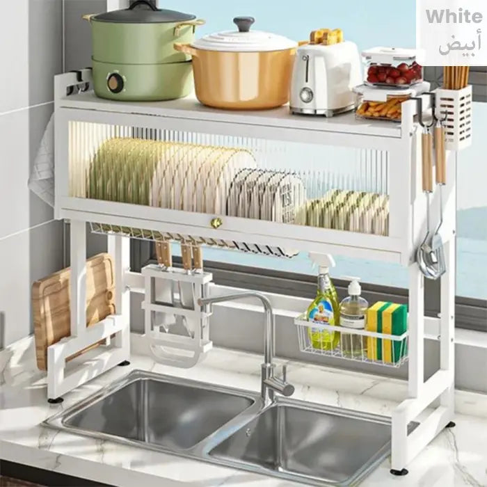 Over sink dish rack organizer with multi-layer storage and utensil holder in kitchen Homesouq Qatar