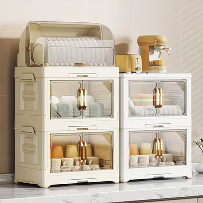 Stackable plastic dish rack storage cabinet with coffee machine setup in kitchen Qatar