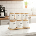 Ceramic jar set with metal rack and wooden base suitable for compact kitchen spaces Qatar