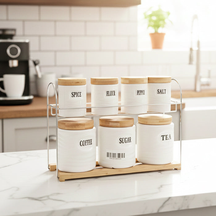 Ceramic jar set with metal rack and wooden base suitable for compact kitchen spaces Qatar