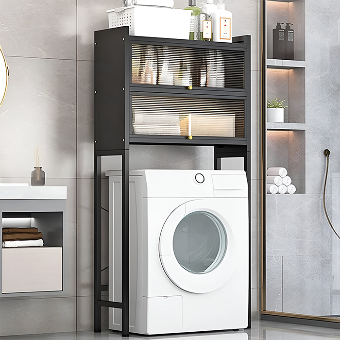 Space-saving metallic washing machine storage rack in black, shelf organizer for laundry room