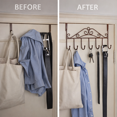 Before and after stainless steel door hangers showing cluttered door transformed with over door hooks organizer Qatar