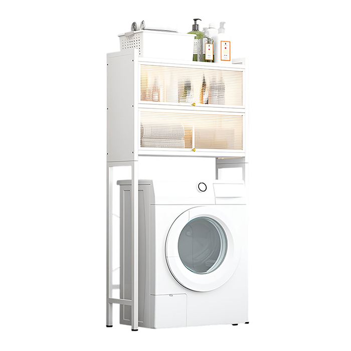 A white metallic washing machine storage rack with multiple shelves and cabinets designed to maximize space in a laundry room.