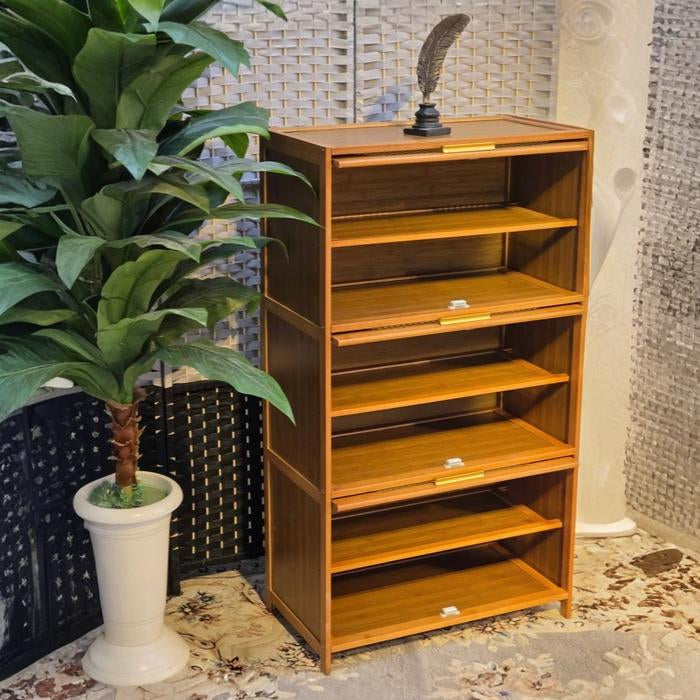 Open wooden shoe closet cabinet showing multiple storage shelves Qatar