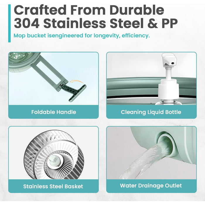 Spin Mop Bucket Set | Stainless Steel Basket Home Cleaner| Microfiber Absorbent Mop Heads Foldable handle