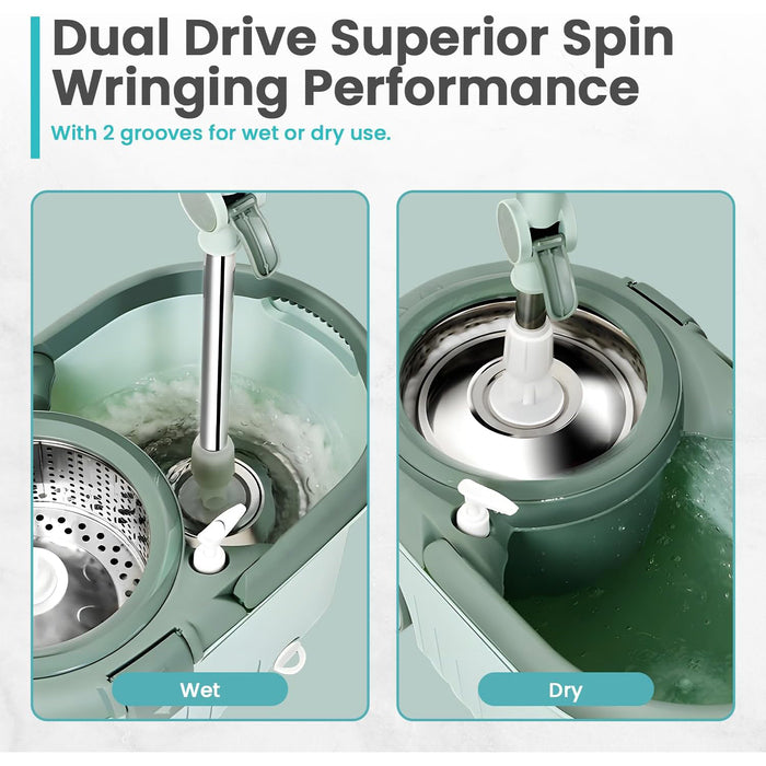 Spin Mop Bucket Set | Stainless Steel Basket Home Cleaner| Microfiber Absorbent Mop Heads Wet/Dry