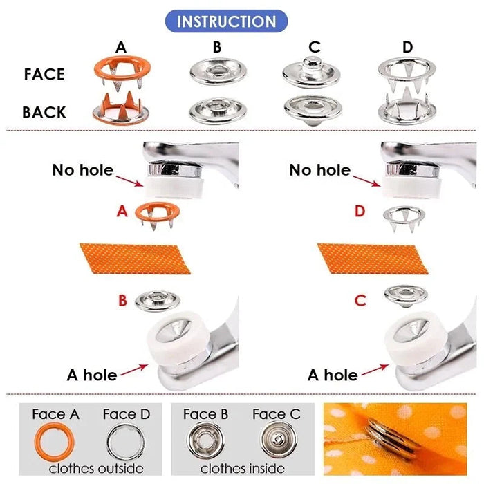 One Press Quick Button Fitter Plier, Stainless Steel Thickened Snap Button Fixer instructions