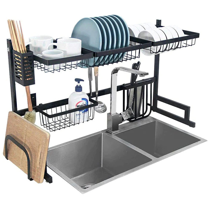 Over The Sink Dish Drying Rack - Adjustable Width Space Saver - with Cutlery, Knives Holders Spatula Hooks space saving