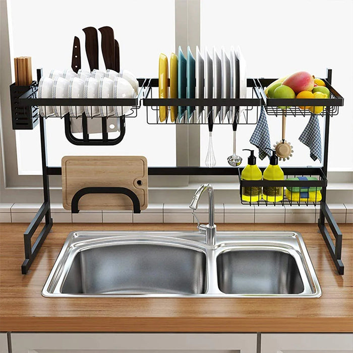 Over The Sink Dish Drying Rack - Adjustable Width Space Saver - with Cutlery, Knives Holders Spatula Hooks easy assembly