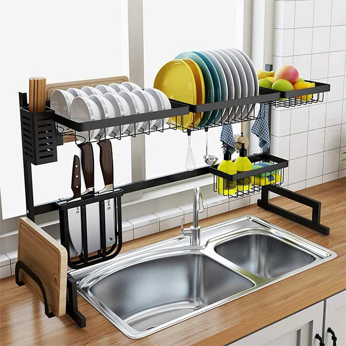 Over The Sink Dish Drying Rack - Adjustable Width Space Saver - with Cutlery, Knives Holders Spatula Hooks