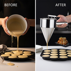 Before messy pancake batter pouring and after using stainless steel pancake batter dispenser for clean cooking Qatar