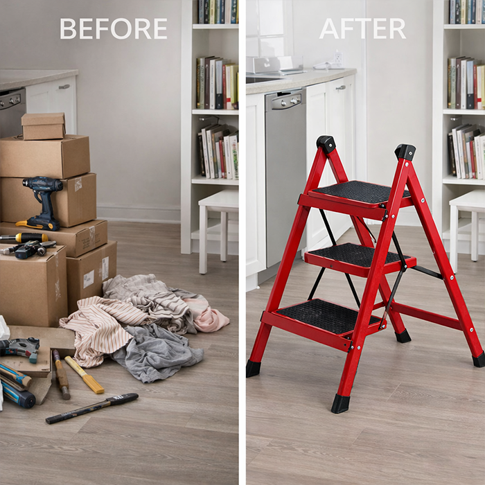 Before and after use of red step ladder with wide pedals for safe home tasks Qatar