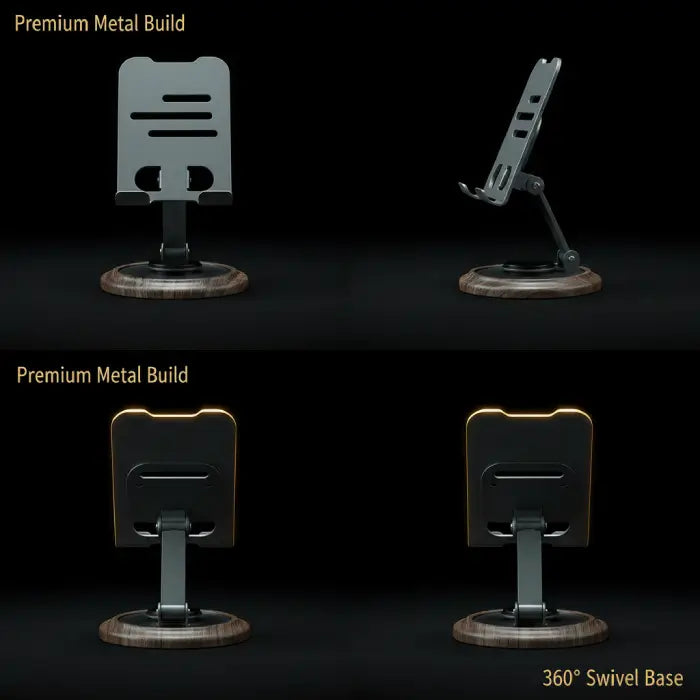 Metal tablet stand showing front and side view with durable build and stable base in Homesouq Qatar