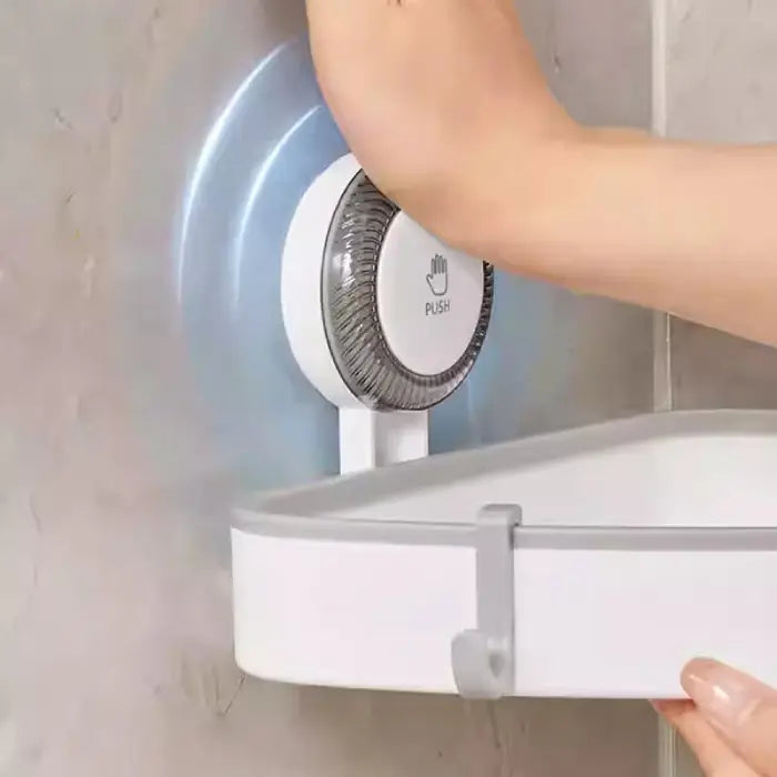 Corner shelf for bathroom with push lock suction system for firm wall attachment in corner shelf for bathroom Homesouq Qatar