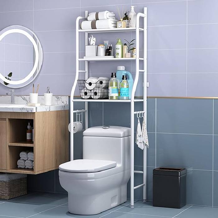 Sturdy Durable 3 Shelf Metal White Toilet Rack For Bathroom Organization With Hooks easy to fit