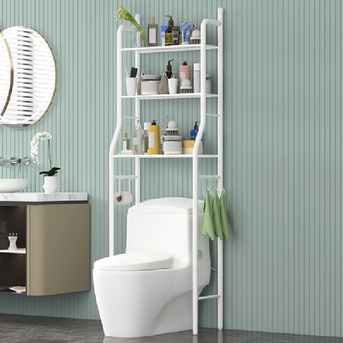 Sturdy Durable 3 Shelf Metal White Toilet Rack For Bathroom Organization With Hooks space saver