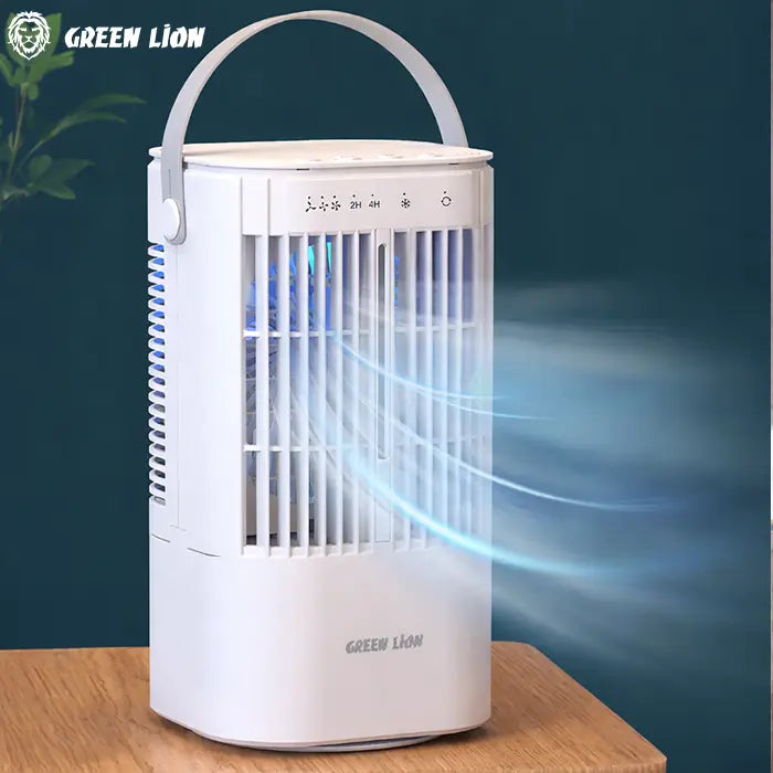 Green Lion portable cooler on table with airflow and mist effect homesouq Qatar