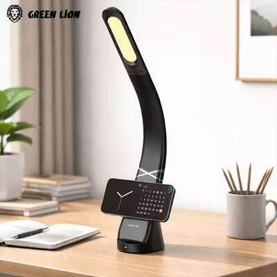 Green Lion LED desk lamp placed on wooden table with clock display and ambient decor Qatar Homesouq Qatar