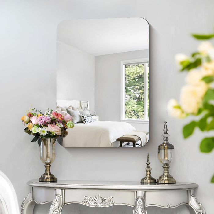 Acrylic mirror wall decor used in bedroom interior, sleek alternative to glass mirrors by Homesouq Qatar