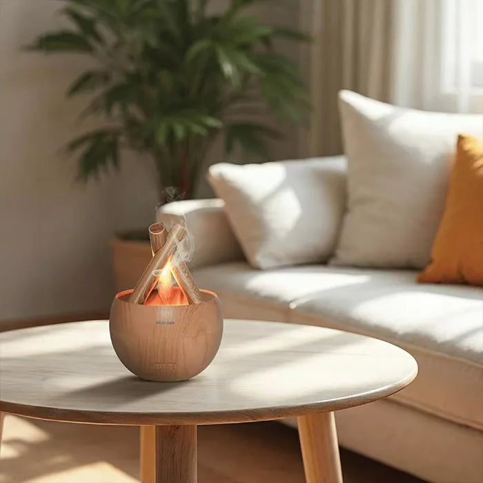 Air diffuser with flame effect placed on coffee table in modern living room with natural sunlight Qatar Homesouq Qatar