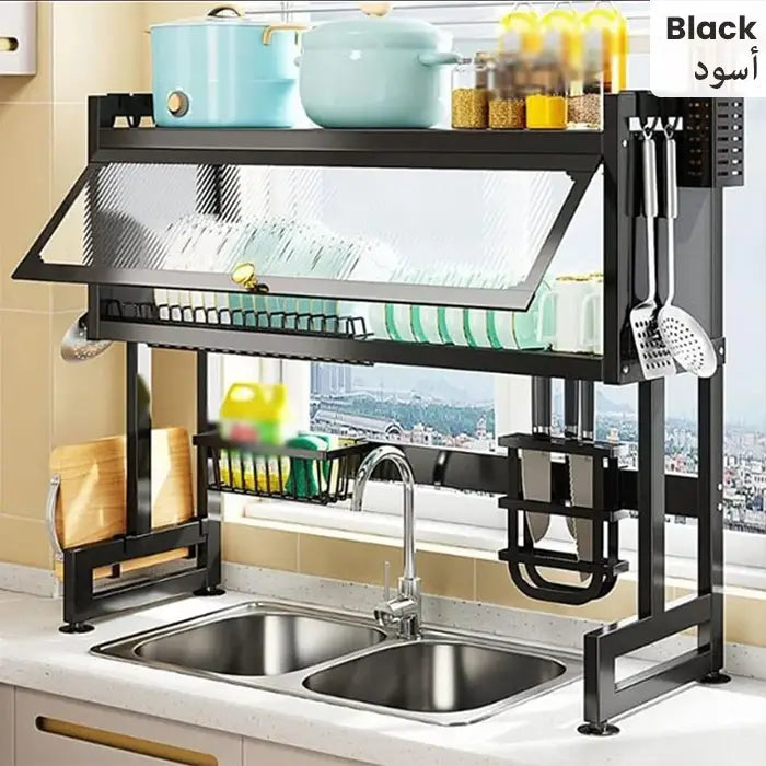 Black kitchen dish rack placed over sink with storage shelves and hooks in kitchen dish rack Homesouq Qatar